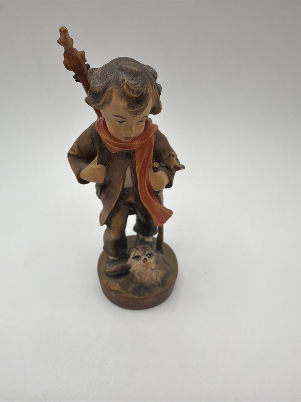 Hansu & Adolf Heinzeller German Wooden Sculpture Boy W/ Cello & Cat Figurine